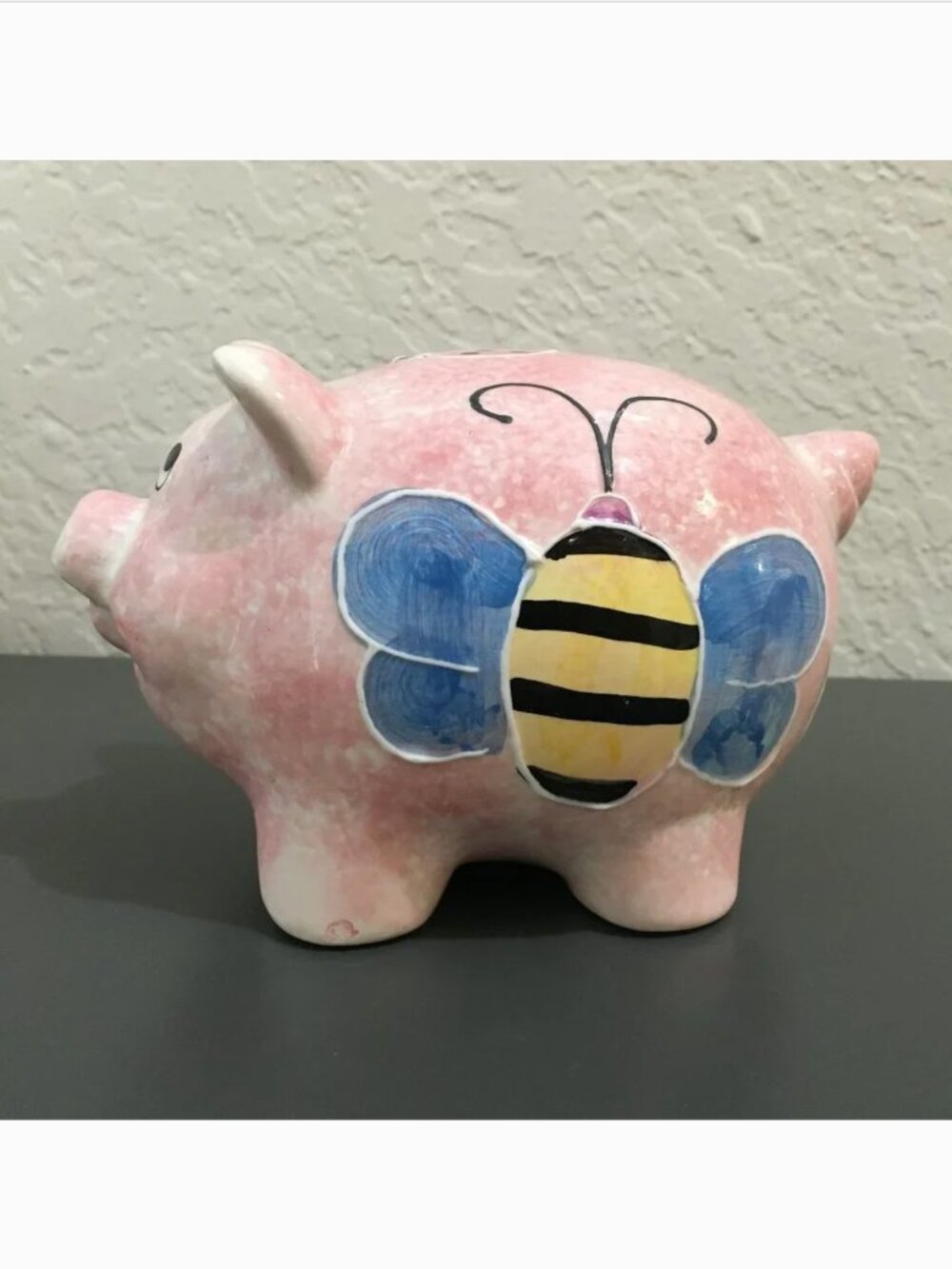 Pink Ceramic Piggy Bank With Butterfly Collectable